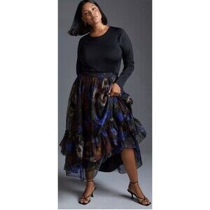 Geisha Designs Faras Shalini Black Sheer Floral Tiered Midi Skirt XL NWT